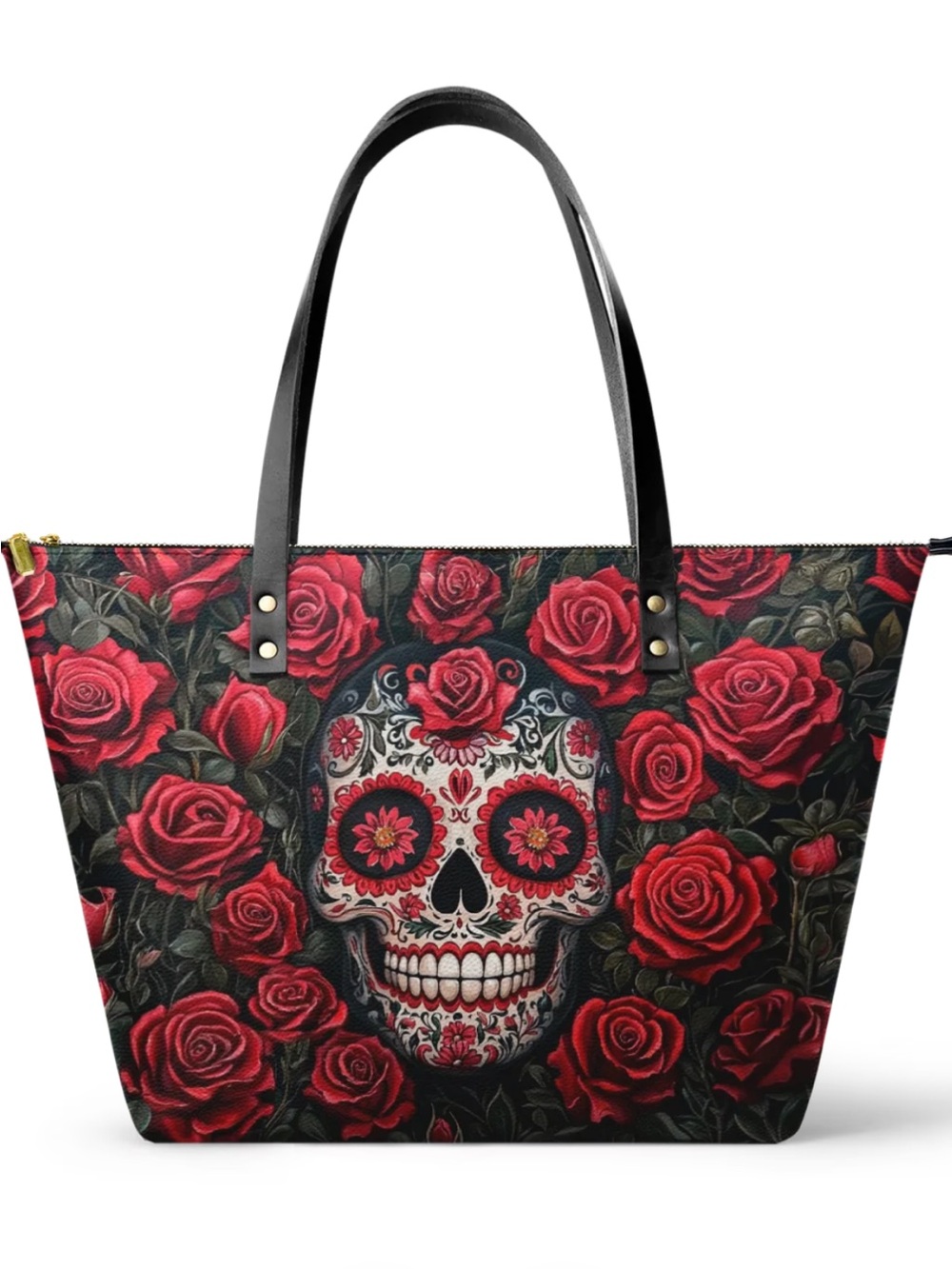 La Roja Tote by Skullete Skull and Rose Print Bag - Red/Black